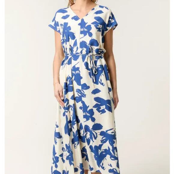 M&V Floral Print Tie Belt Midi Dress in blue white Size L/XL - Picture 13 of 13